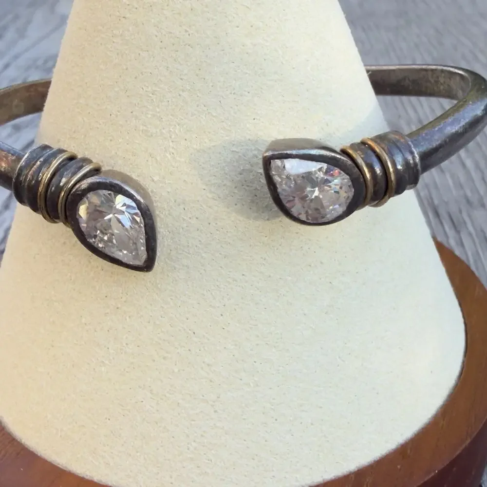 Plated 1000 Silver Tone Wire Cuff Bracelet 2 Teardrop Crystal Bezel Ends (137)